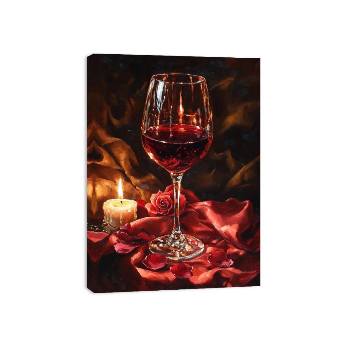 Romantic wine glass and candle canvas art for moody dining room decor.
