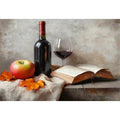 Traditional wine bottle, apple and book canvas art for study decor.