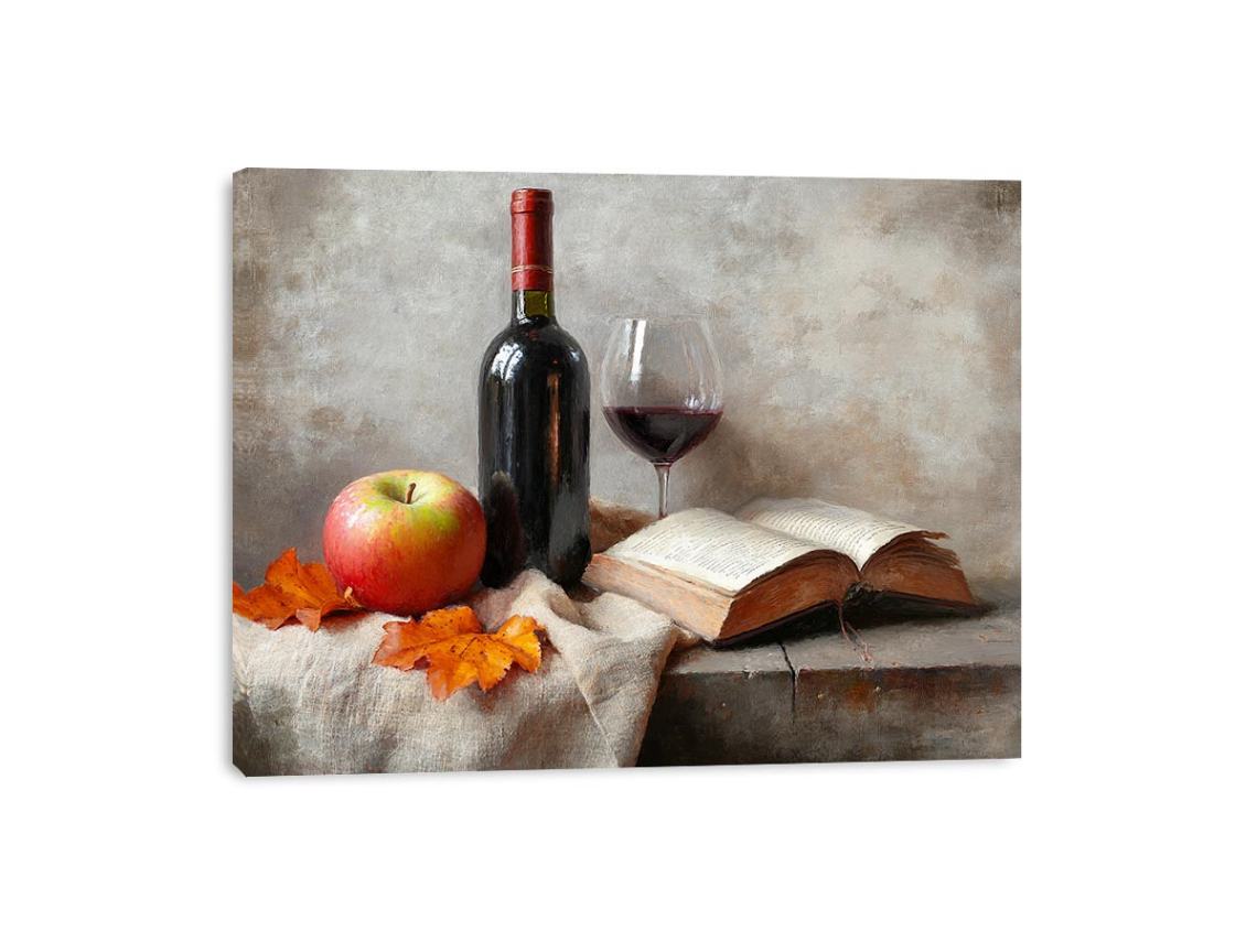 Traditional wine bottle, apple and book canvas art for study decor.