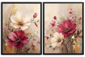 Blush and ivory floral diptych canvas art with gold accents for elegant living room decor