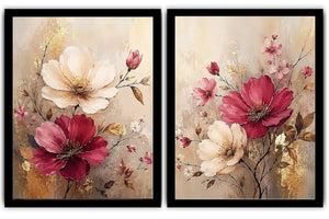Blush and ivory floral diptych canvas art with gold accents for elegant living room decor