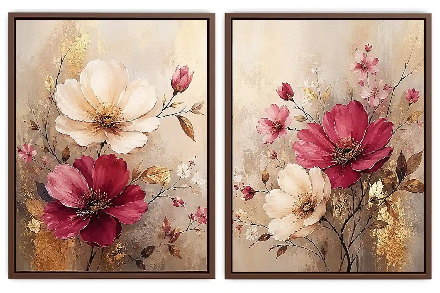 Blush and ivory floral diptych canvas art with gold accents for elegant living room decor