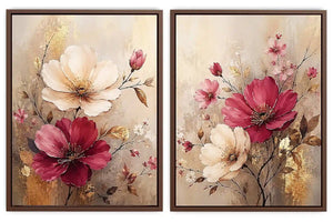 Blush and ivory floral diptych canvas art with gold accents for elegant living room decor