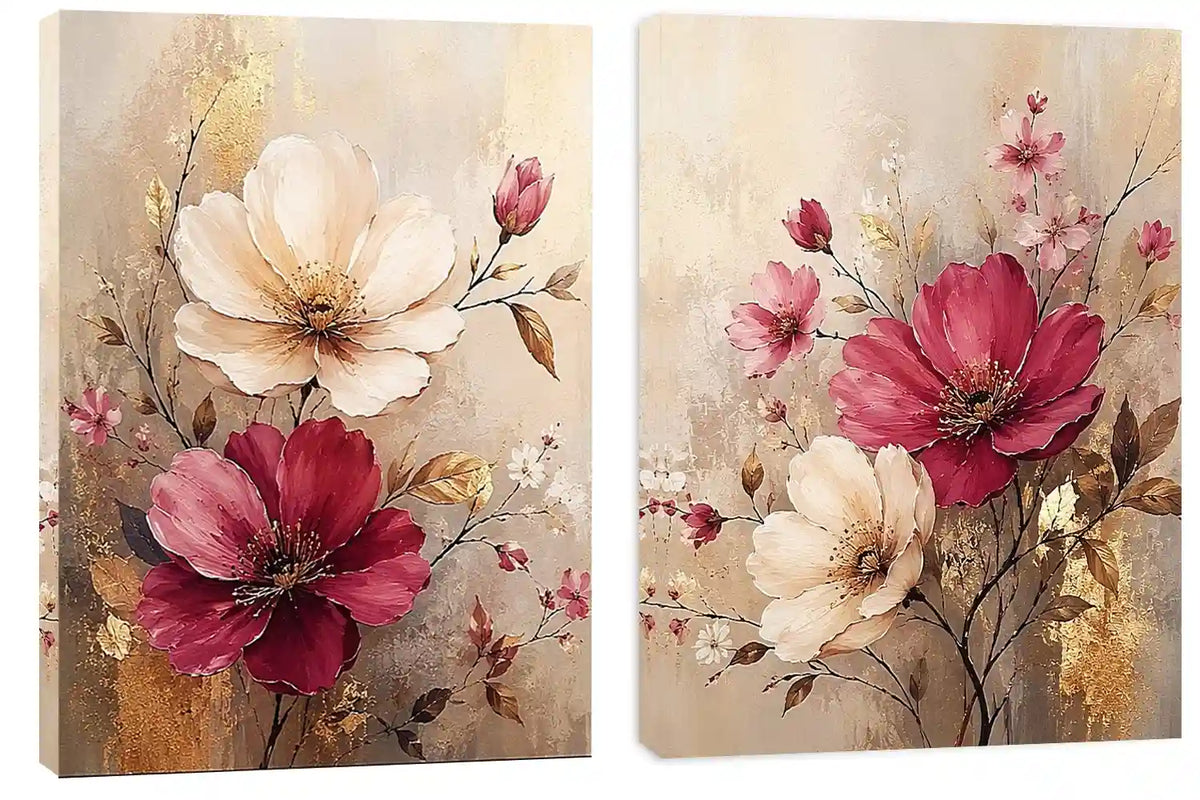Blush and ivory floral diptych canvas art with gold accents for elegant living room decor
