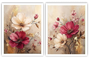 Blush and ivory floral diptych canvas art with gold accents for elegant living room decor