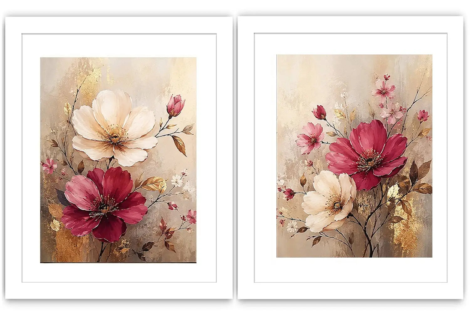 Blush and ivory floral diptych canvas art with gold accents for elegant living room decor