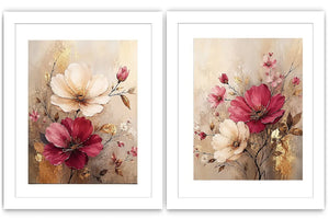 Blush and ivory floral diptych canvas art with gold accents for elegant living room decor