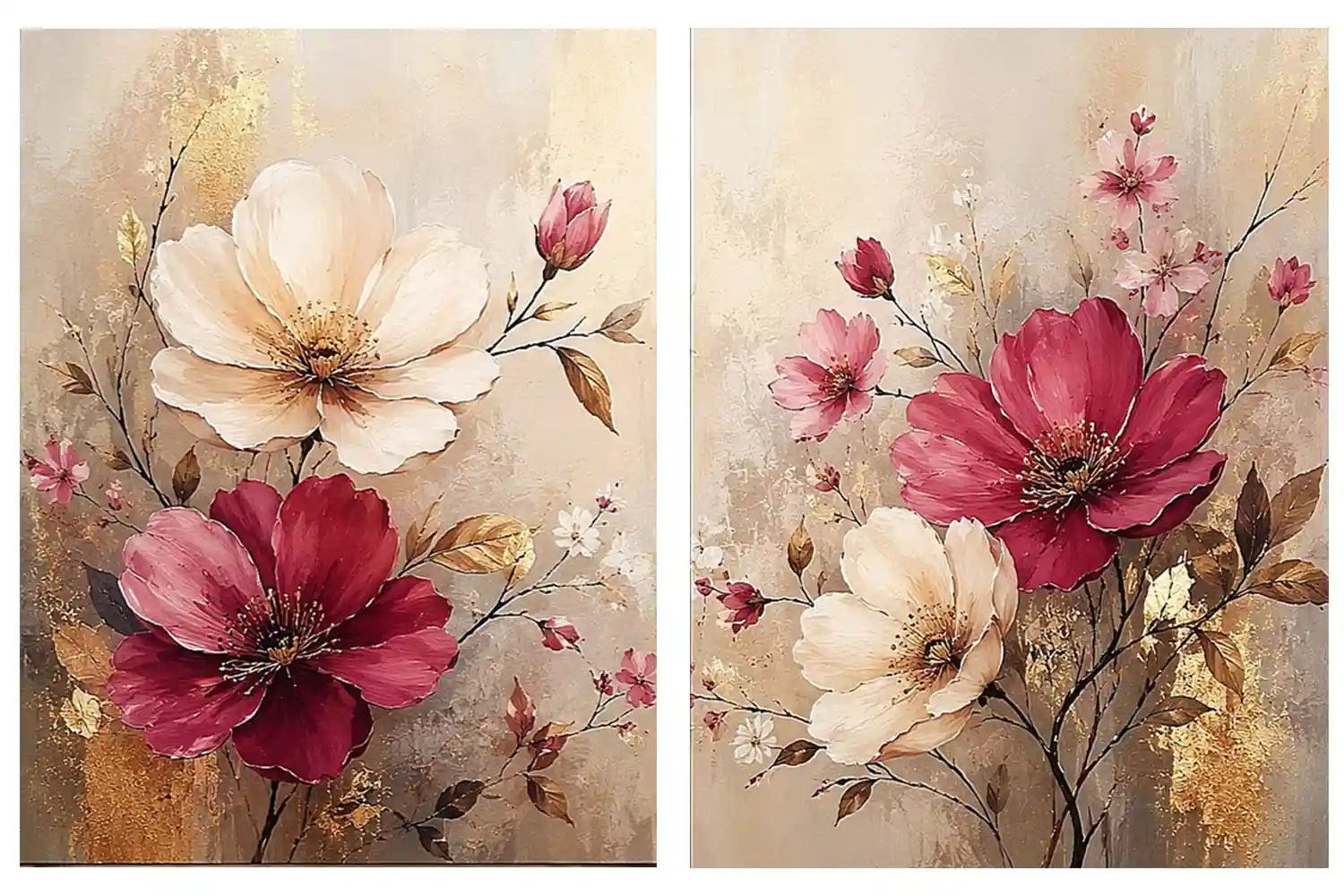 Blush and ivory floral diptych canvas art with gold accents for elegant living room decor