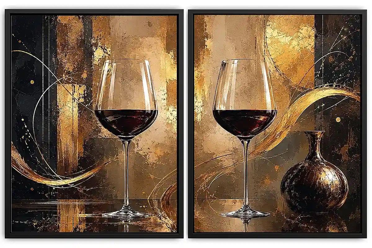 Black and gold wine glass abstract canvas art for luxury dining room and home bar decor.