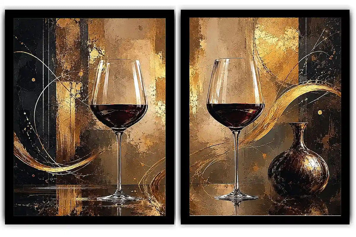 Black and gold wine glass abstract canvas art for luxury dining room and home bar decor.