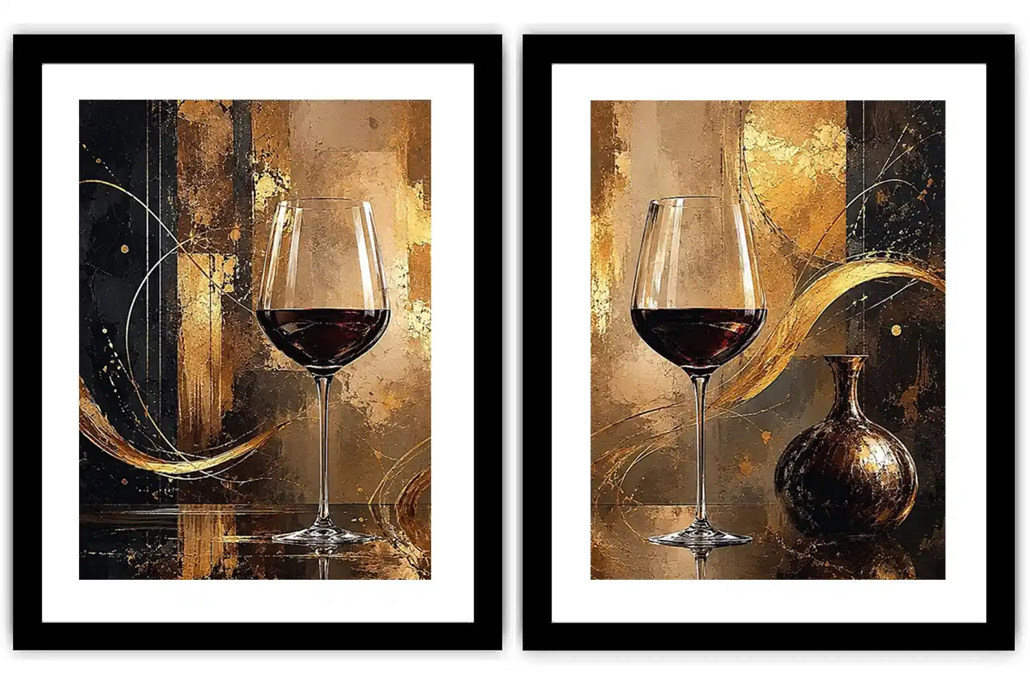 Black and gold wine glass abstract canvas art for luxury dining room and home bar decor.