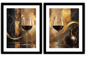 Black and gold wine glass abstract canvas art for luxury dining room and home bar decor.