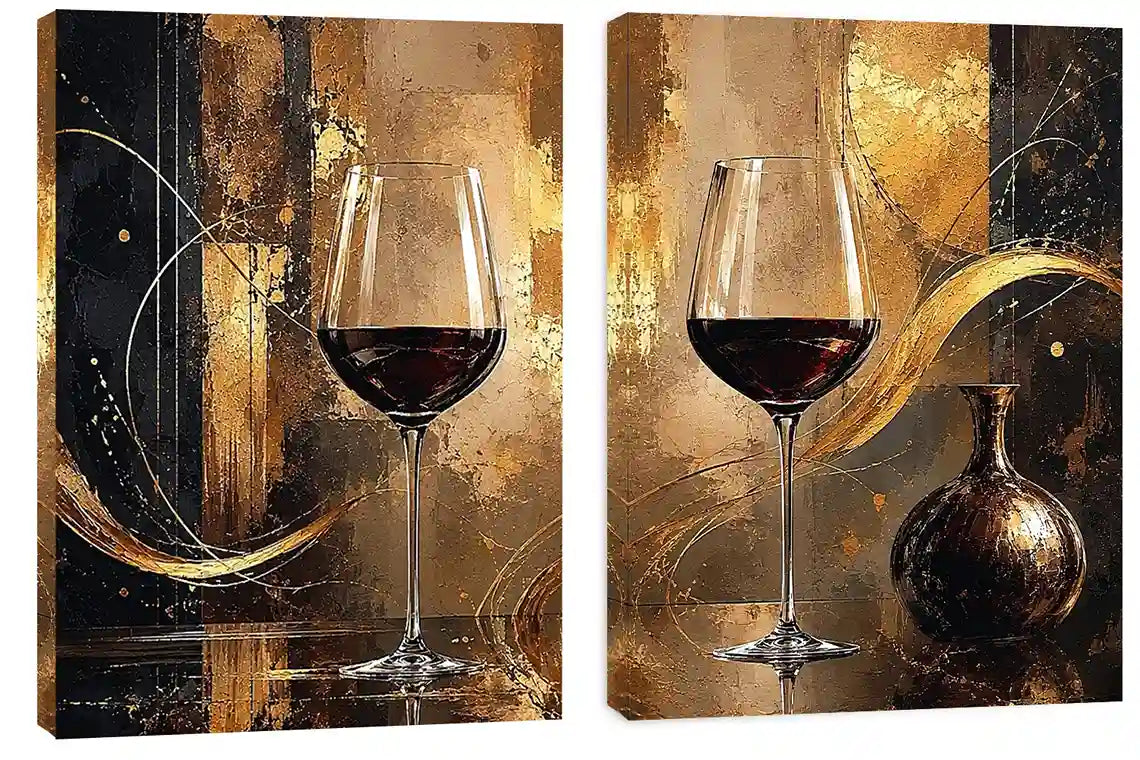 Black and gold wine glass abstract canvas art for luxury dining room and home bar decor.