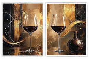 Black and gold wine glass abstract canvas art for luxury dining room and home bar decor.