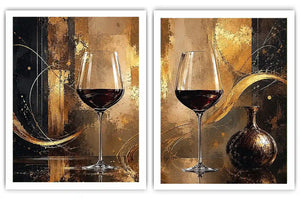 Black and gold wine glass abstract canvas art for luxury dining room and home bar decor.