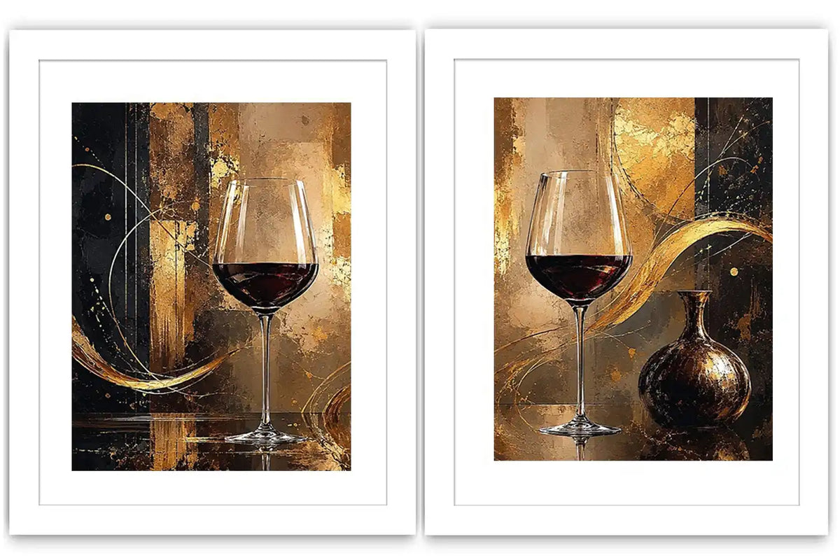 Black and gold wine glass abstract canvas art for luxury dining room and home bar decor.