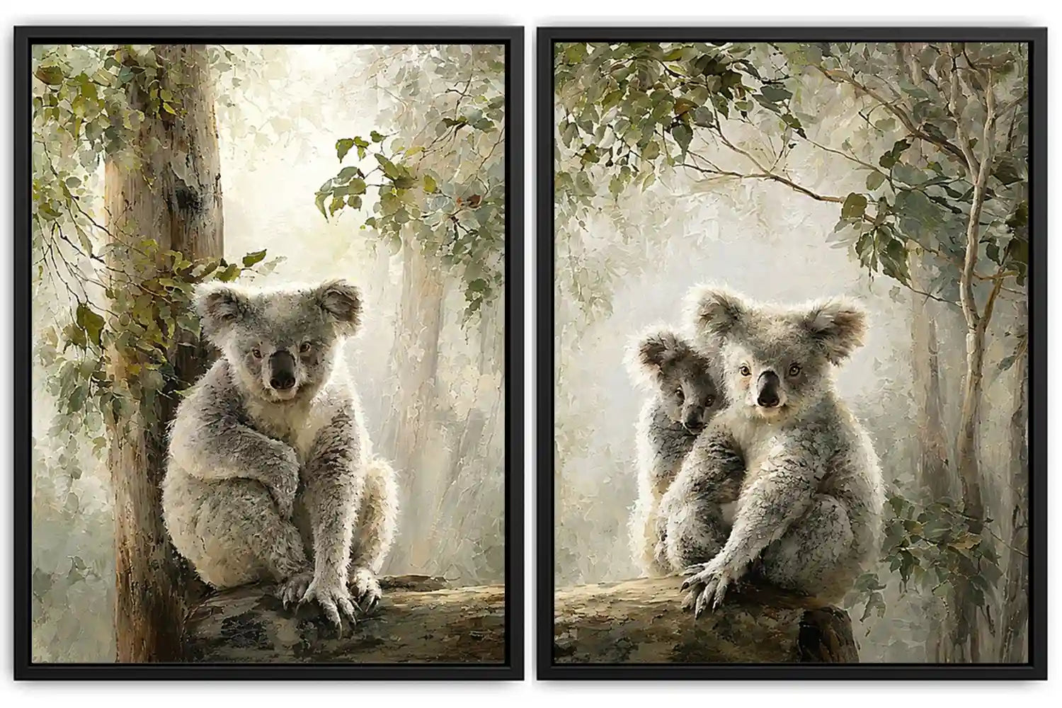 Soft koala forest diptych canvas art with eucalyptus trees for nursery or living room decor.