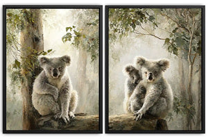 Soft koala forest diptych canvas art with eucalyptus trees for nursery or living room decor.
