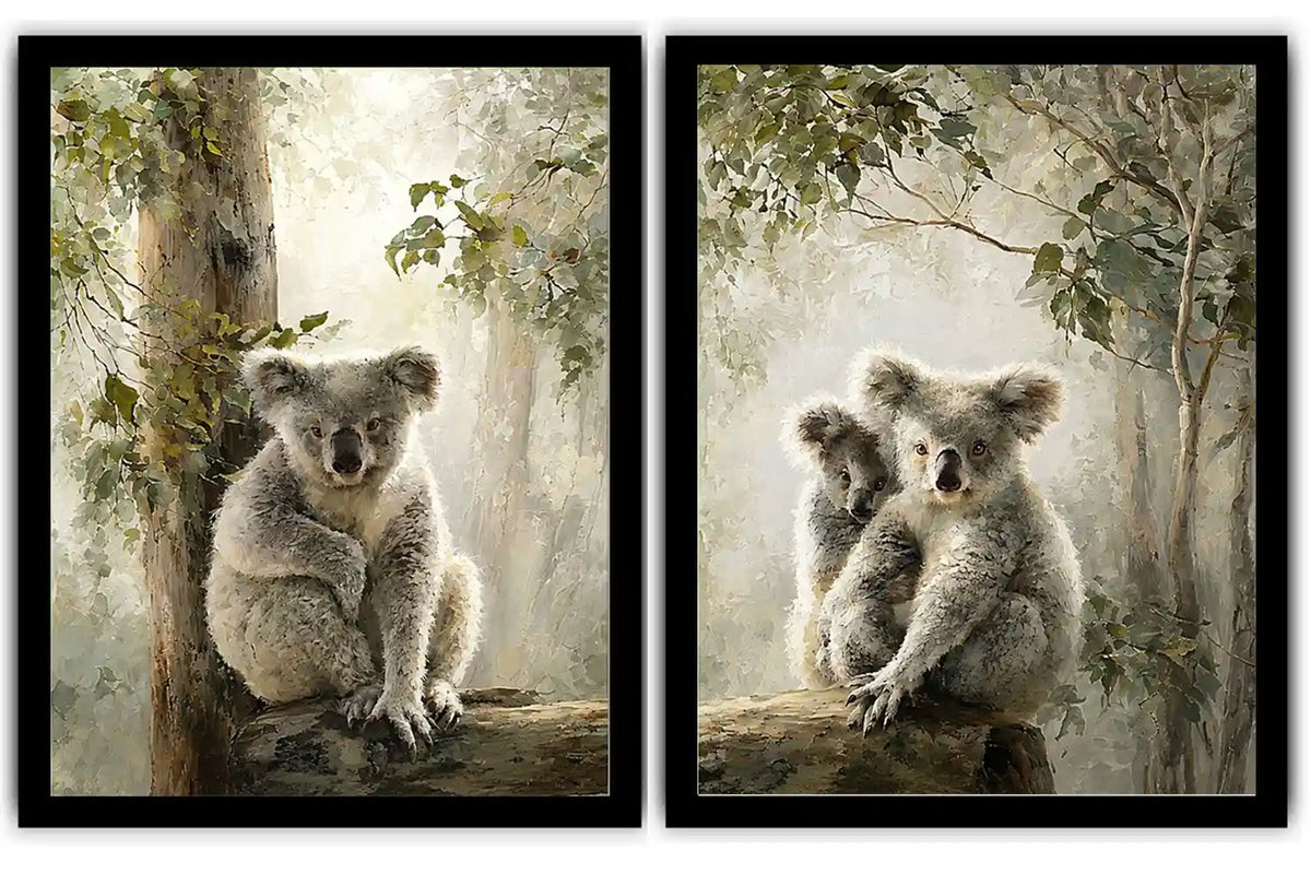 Soft koala forest diptych canvas art with eucalyptus trees for nursery or living room decor.