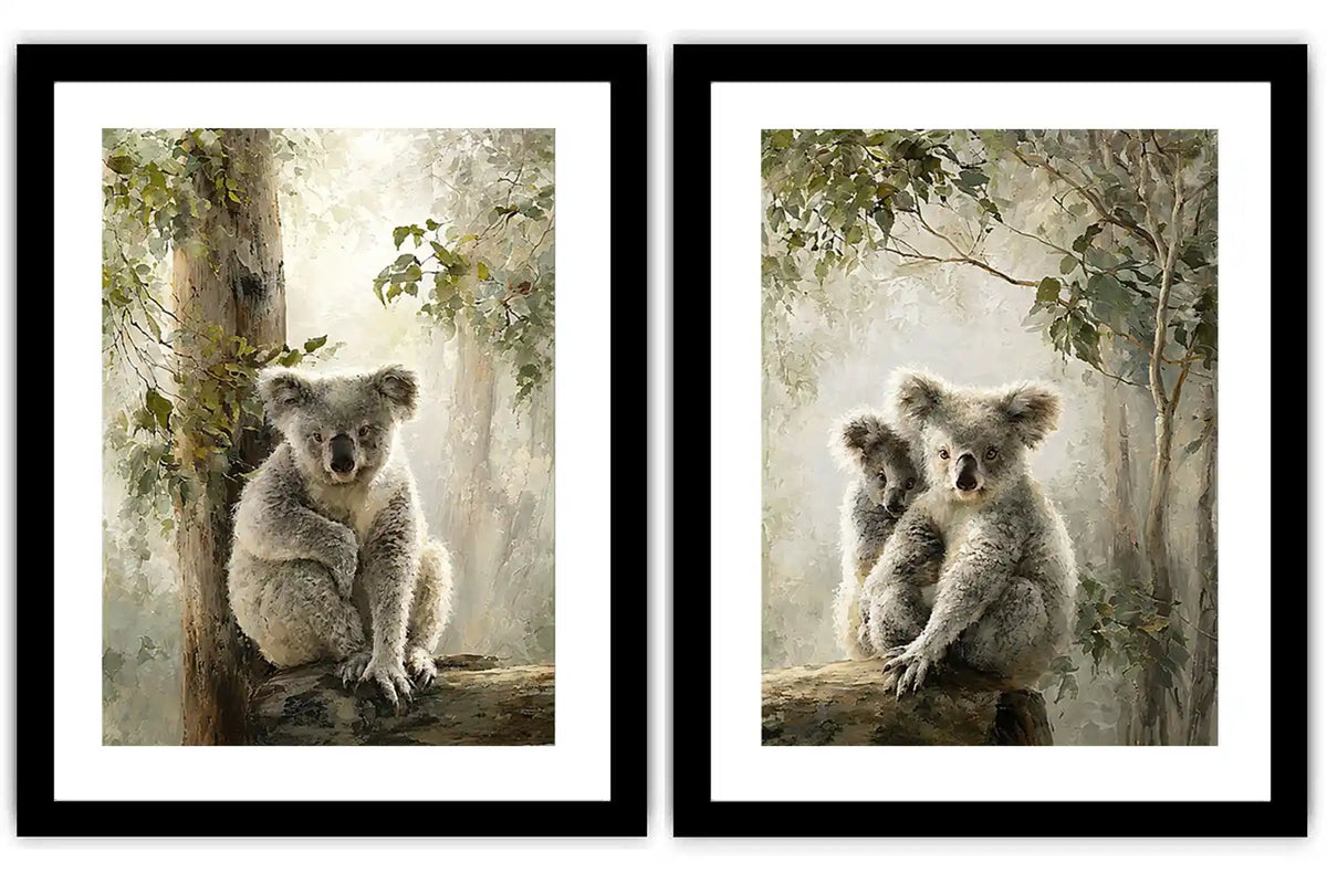 Soft koala forest diptych canvas art with eucalyptus trees for nursery or living room decor.