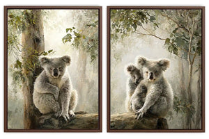 Soft koala forest diptych canvas art with eucalyptus trees for nursery or living room decor.