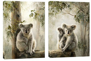 Soft koala forest diptych canvas art with eucalyptus trees for nursery or living room decor.