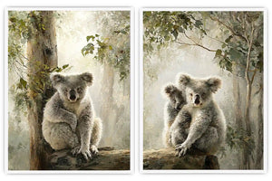 Soft koala forest diptych canvas art with eucalyptus trees for nursery or living room decor.