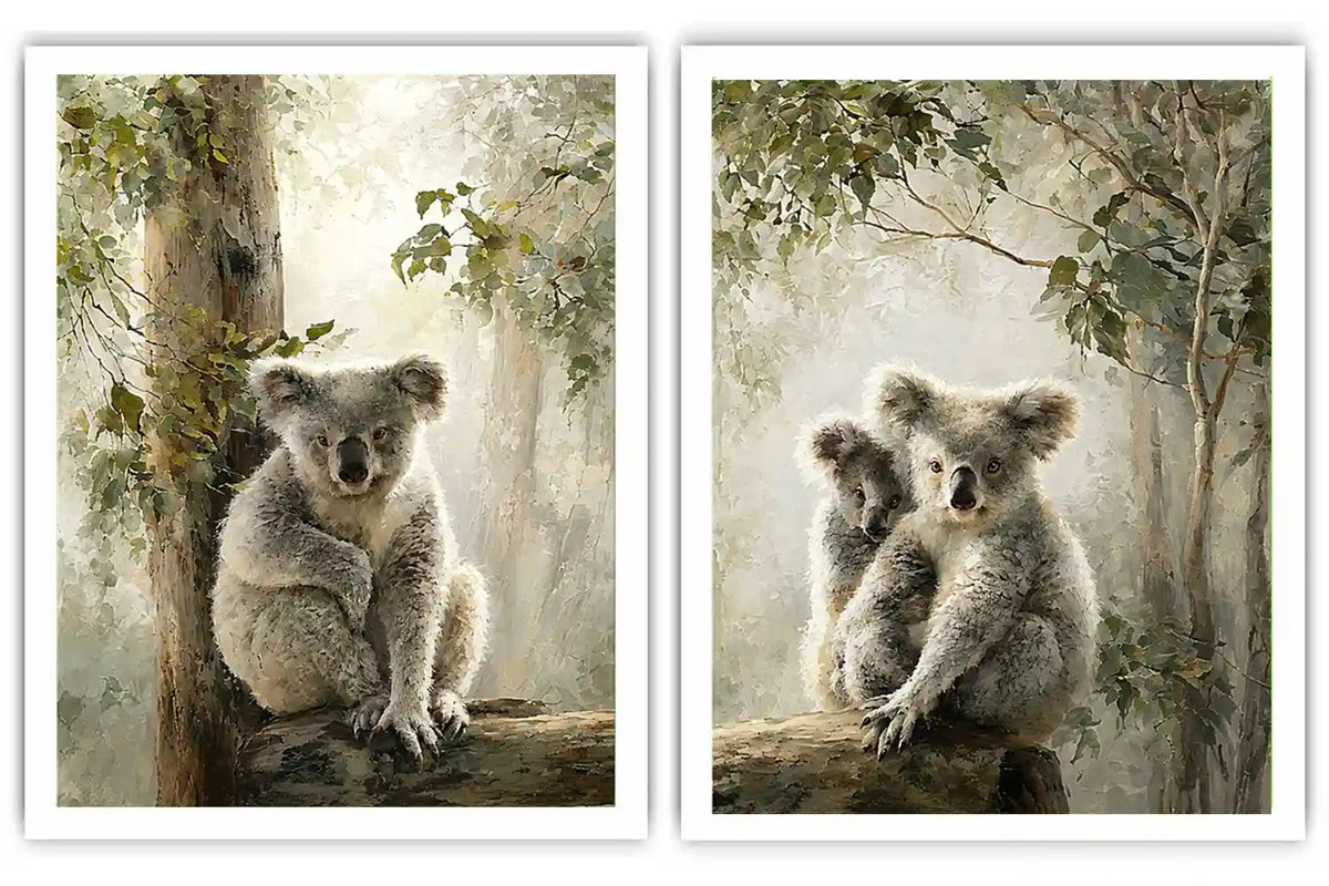 Soft koala forest diptych canvas art with eucalyptus trees for nursery or living room decor.