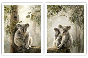 Soft koala forest diptych canvas art with eucalyptus trees for nursery or living room decor.