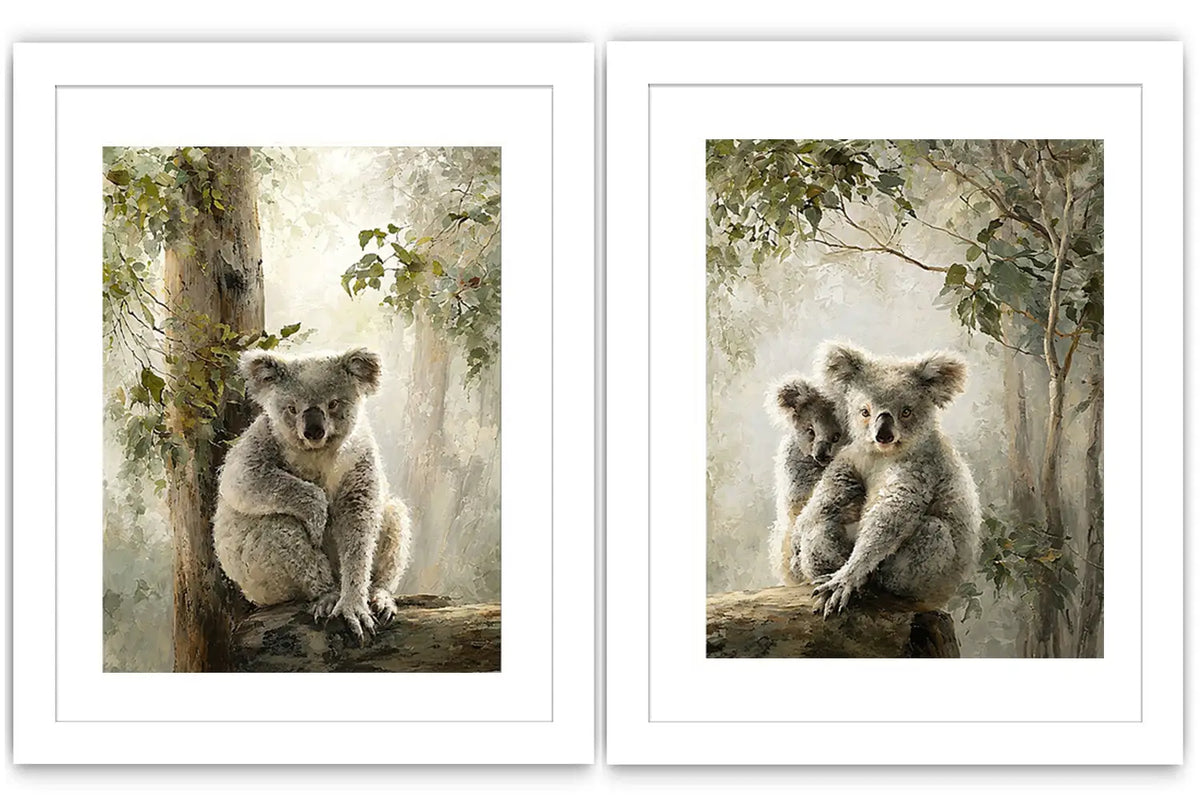 Soft koala forest diptych canvas art with eucalyptus trees for nursery or living room decor.