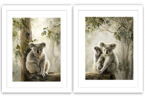 Soft koala forest diptych canvas art with eucalyptus trees for nursery or living room decor.