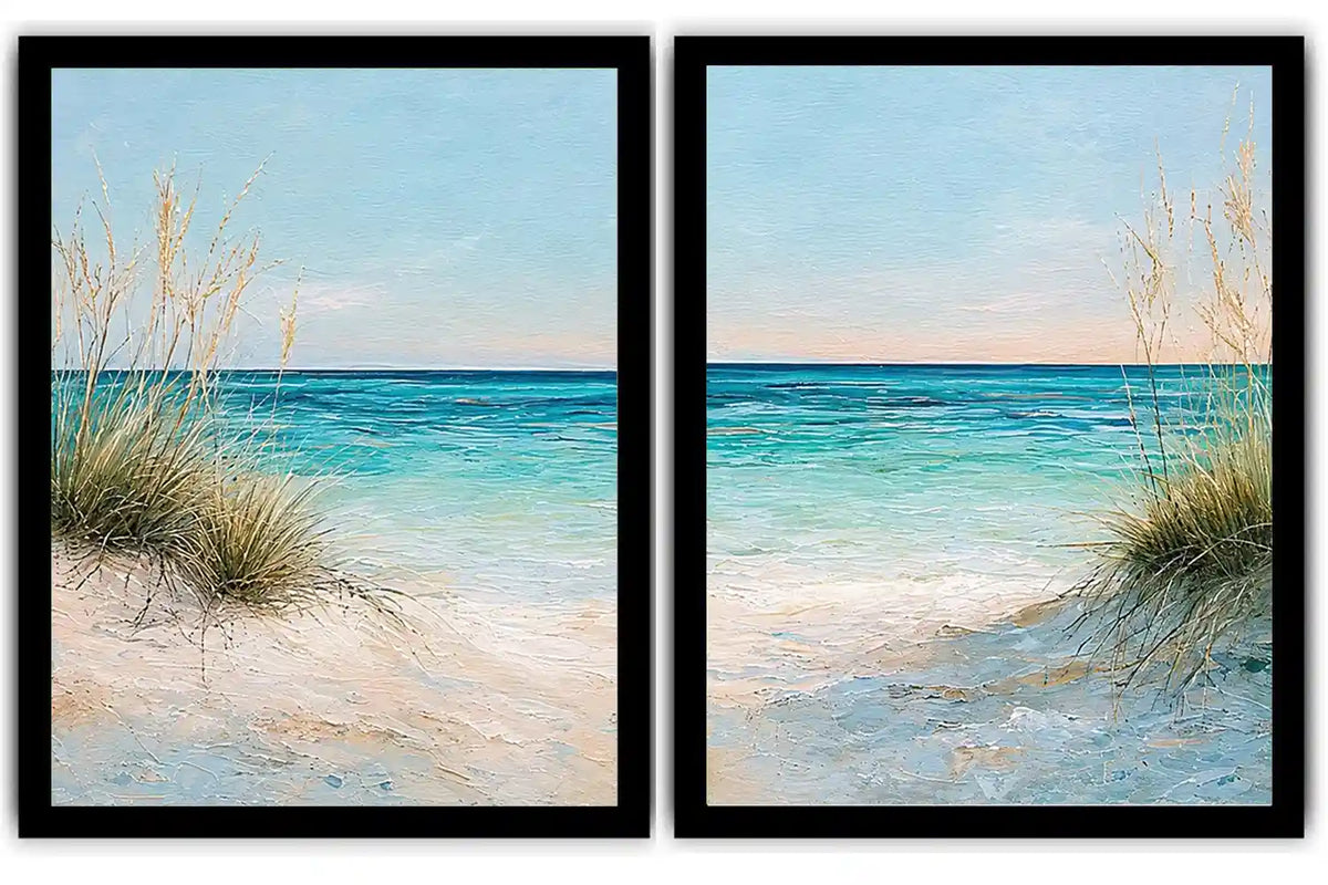 Coastal beach diptych canvas art with turquoise ocean for modern living room decor.