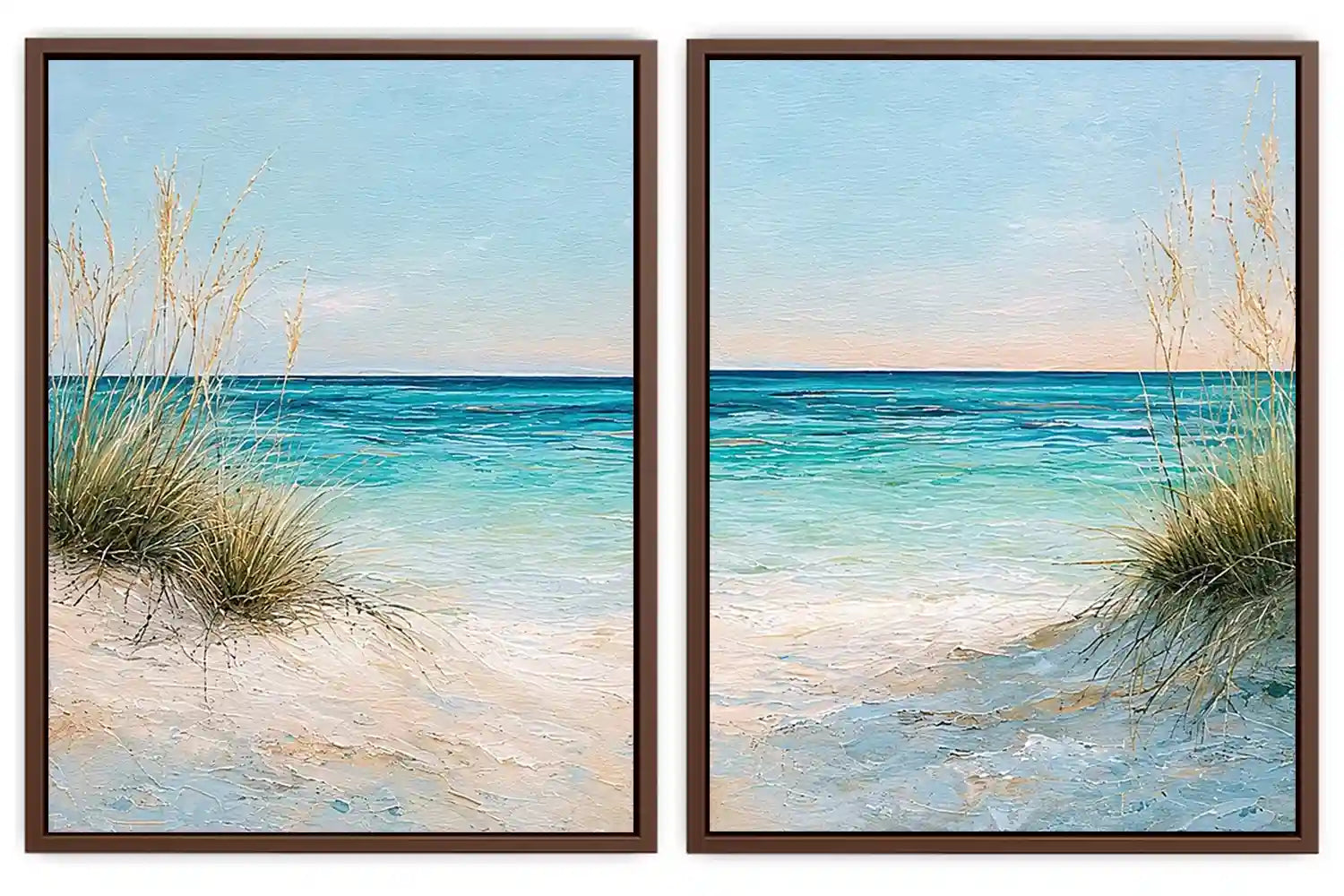 Coastal beach diptych canvas art with turquoise ocean for modern living room decor.