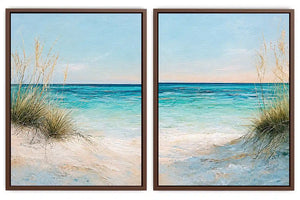 Coastal beach diptych canvas art with turquoise ocean for modern living room decor.
