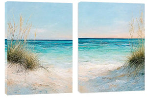 Coastal beach diptych canvas art with turquoise ocean for modern living room decor.