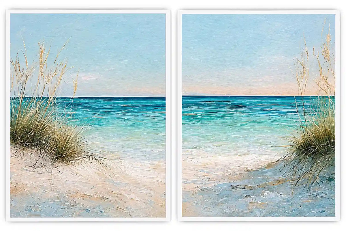 Coastal beach diptych canvas art with turquoise ocean for modern living room decor.