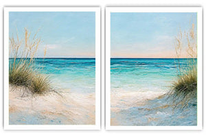 Coastal beach diptych canvas art with turquoise ocean for modern living room decor.