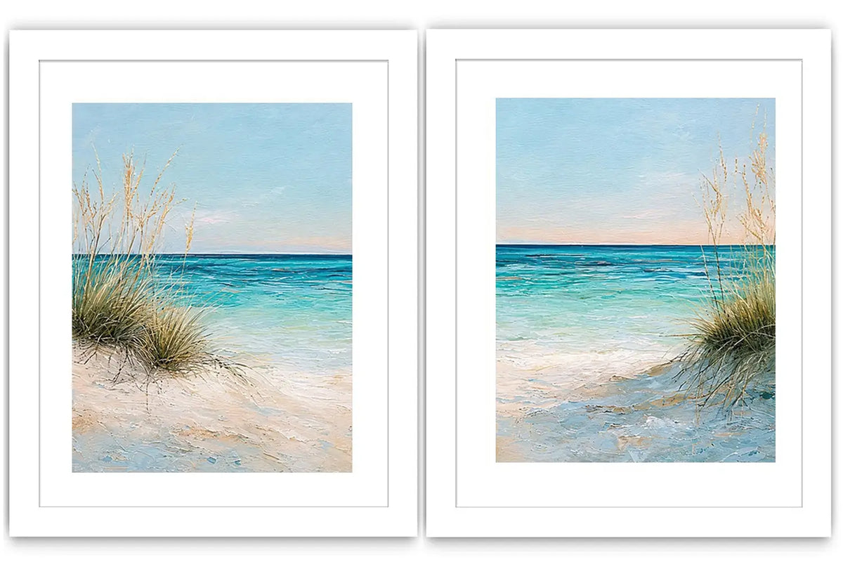 Coastal beach diptych canvas art with turquoise ocean for modern living room decor.