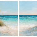 Coastal beach diptych canvas art with turquoise ocean for modern living room decor.