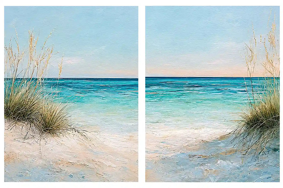 Coastal beach diptych canvas art with turquoise ocean for modern living room decor.