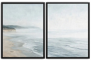 Misty coastal diptych canvas art with ocean waves and cliffs for modern living room decor.