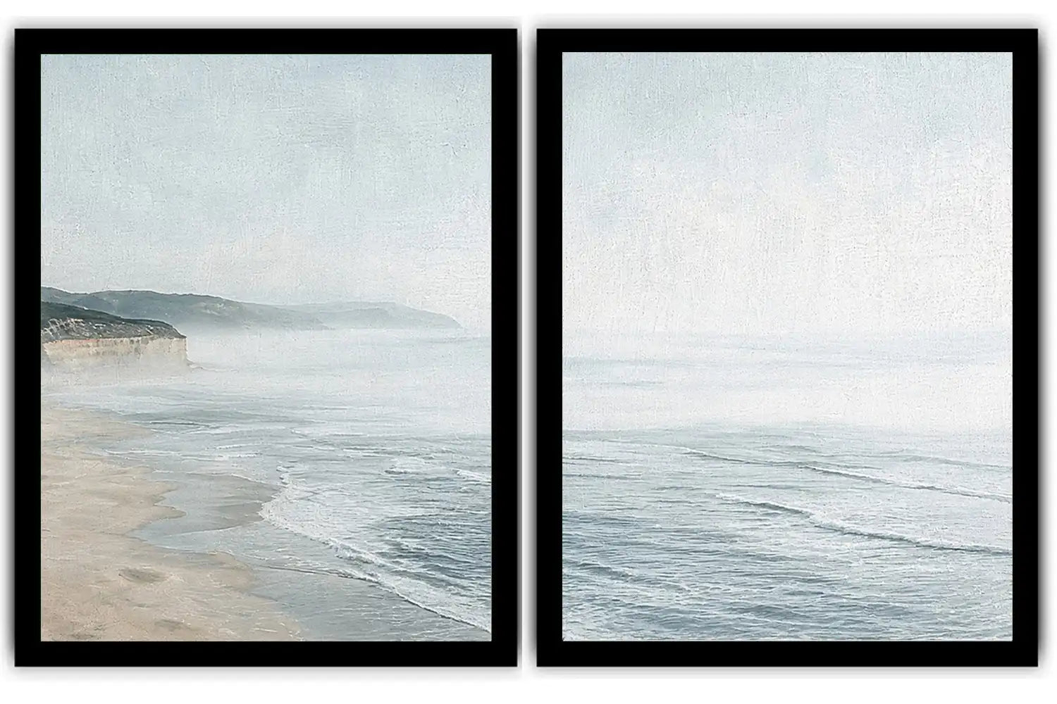Misty coastal diptych canvas art with ocean waves and cliffs for modern living room decor.