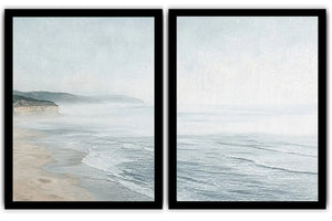 Misty coastal diptych canvas art with ocean waves and cliffs for modern living room decor.