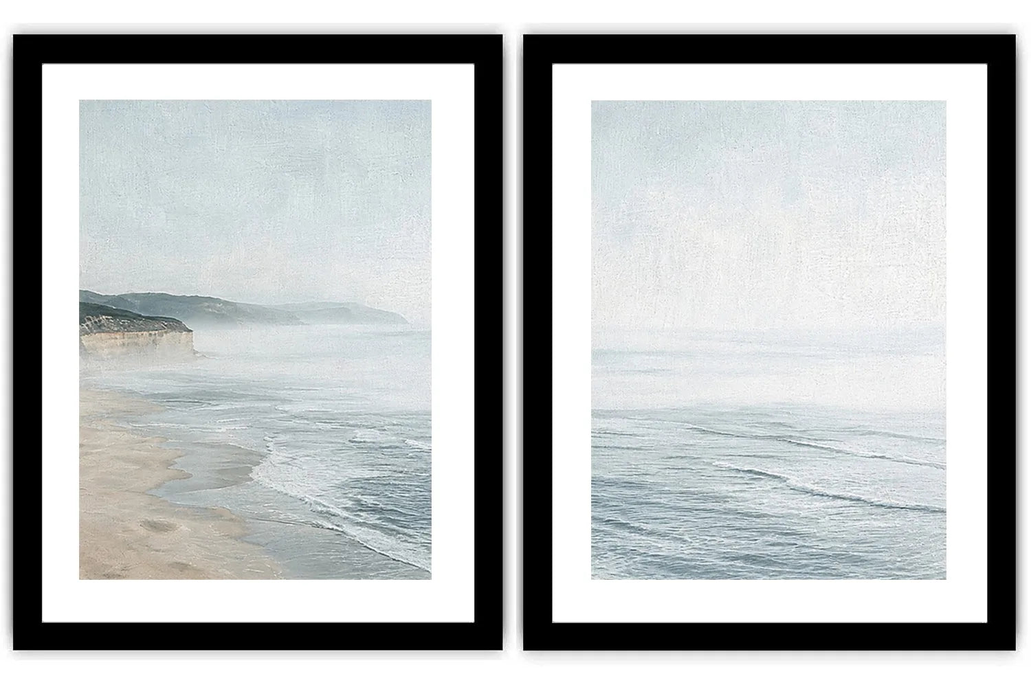 Misty coastal diptych canvas art with ocean waves and cliffs for modern living room decor.