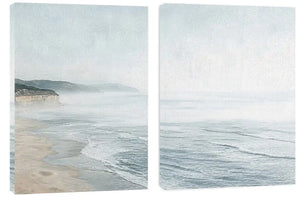 Misty coastal diptych canvas art with ocean waves and cliffs for modern living room decor.