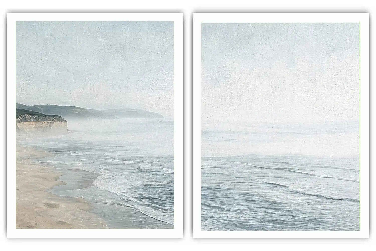 Misty coastal diptych canvas art with ocean waves and cliffs for modern living room decor.