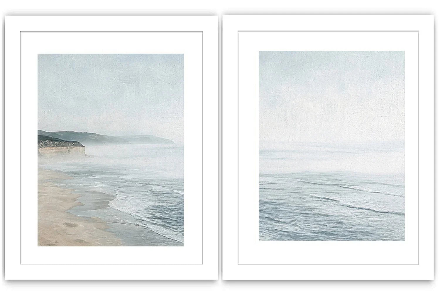 Misty coastal diptych canvas art with ocean waves and cliffs for modern living room decor.