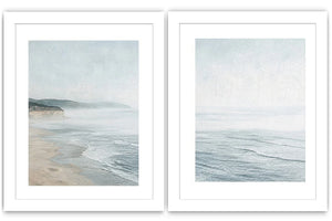 Misty coastal diptych canvas art with ocean waves and cliffs for modern living room decor.