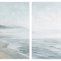 Misty coastal diptych canvas art with ocean waves and cliffs for modern living room decor.