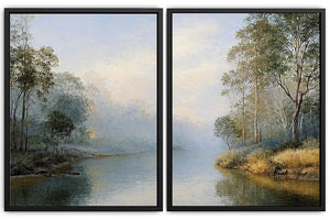 Misty river landscape diptych canvas art with trees for elegant living room decor.